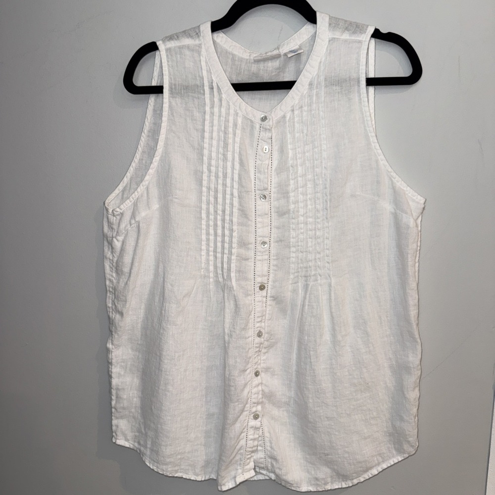 Sigrid Olsen Shirt Women Sz  Large 100% Linen White Tank Pink tuck Buttons - Picture 4 of 9